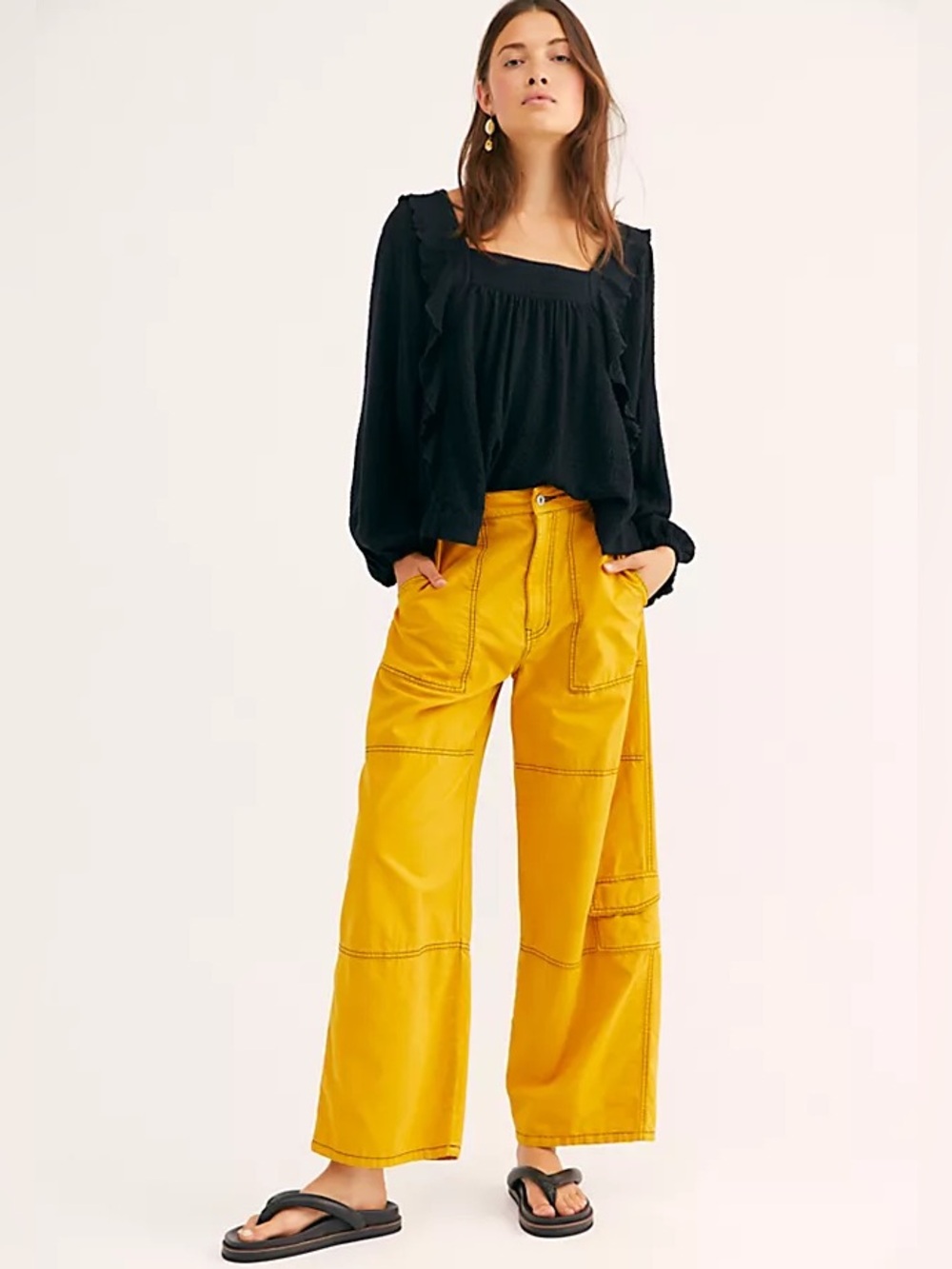 Free People Calendula Wide Leg Pants Mustard Yellow Cargo Utility Size 4